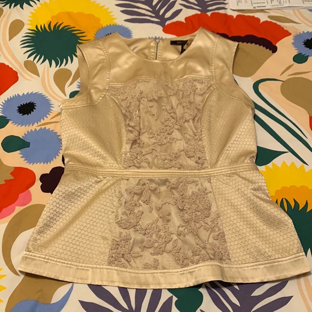 BCBGMaxAzria Gold Shell with Lace & Detailed Stitching